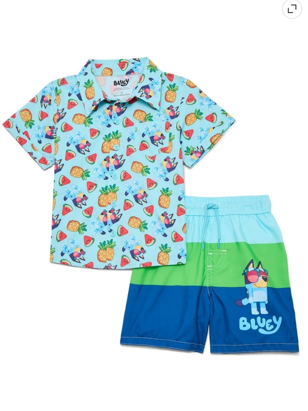 NWT boys Bluey swimming trunks with matching resort button up size 2t